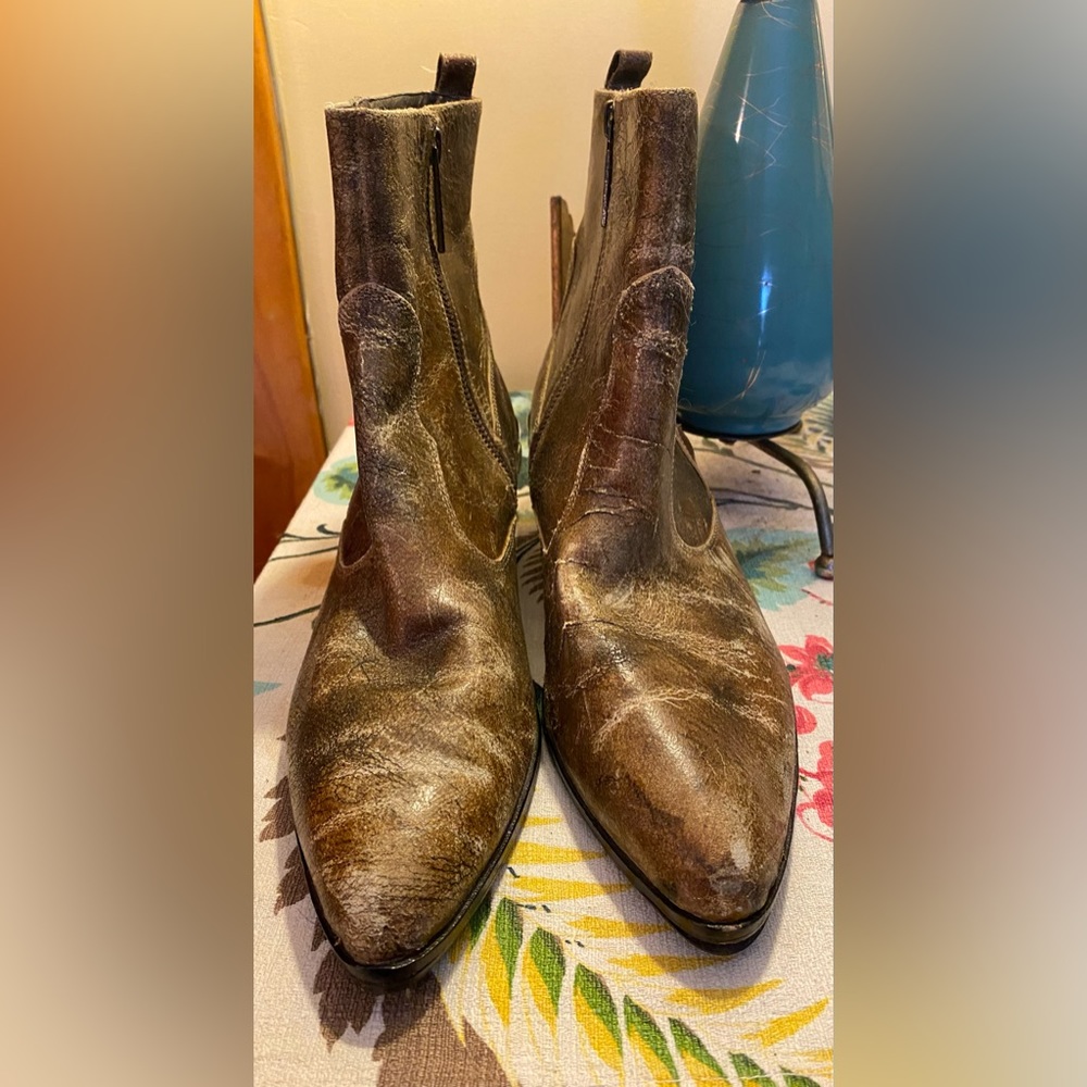 Vintage crackled leather intentionally distressed brown leather ankle boots